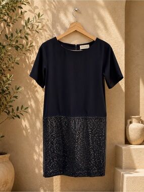 Black Sequin Mini Dress Chiffon Blouson Cocktail Party Evening Shift S